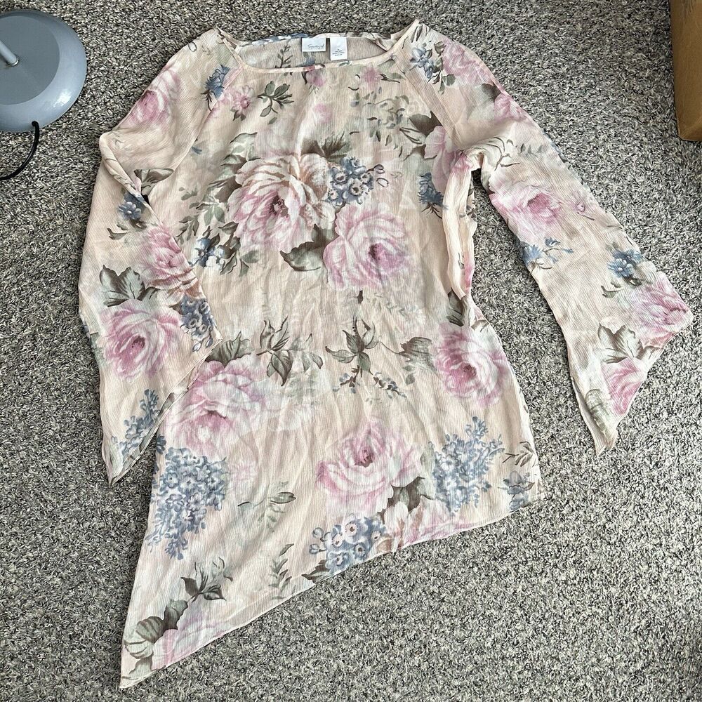 VTG Spiegel Silk Longsleeve Tunic Top Asymmetrical Hem Floral Semi Sheer M Fairy - Picture 1 of 5